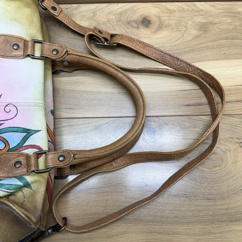 Anuschka Peacock Pattern Large Leather Satchel Hand Painted Zip Crossbody